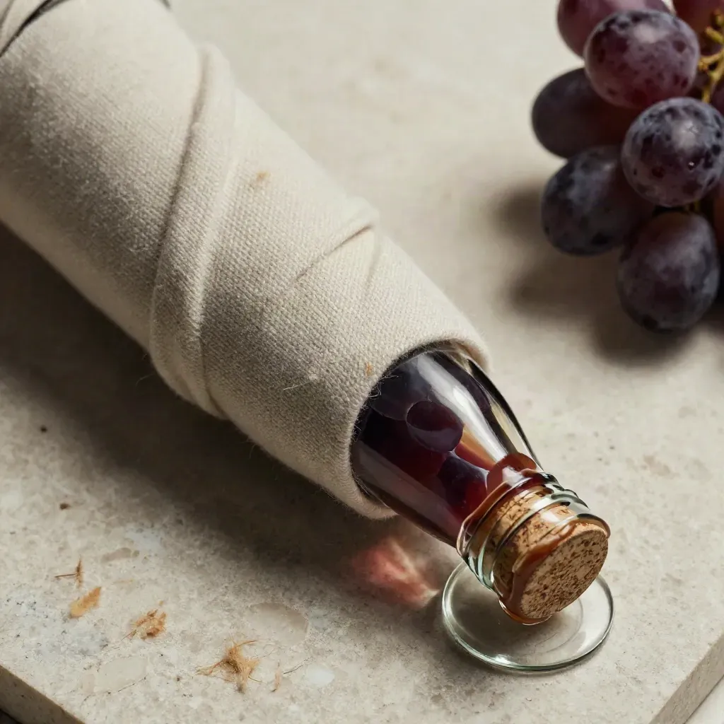 Top-down macro of a wool-sleeved wine bottle with wax seal and glass discs.