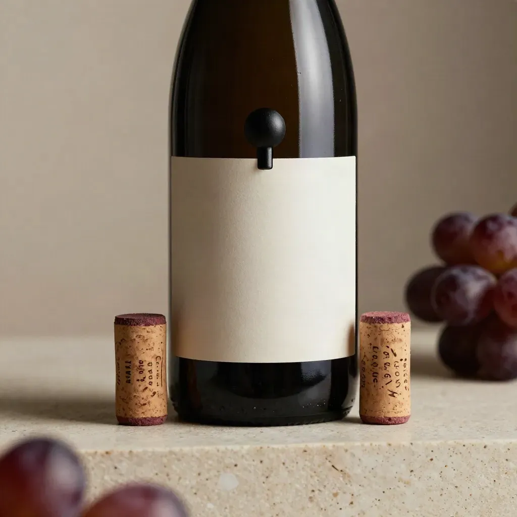 Blank-neck wine bottle with alignment puck and two corks on travertine, softly lit.