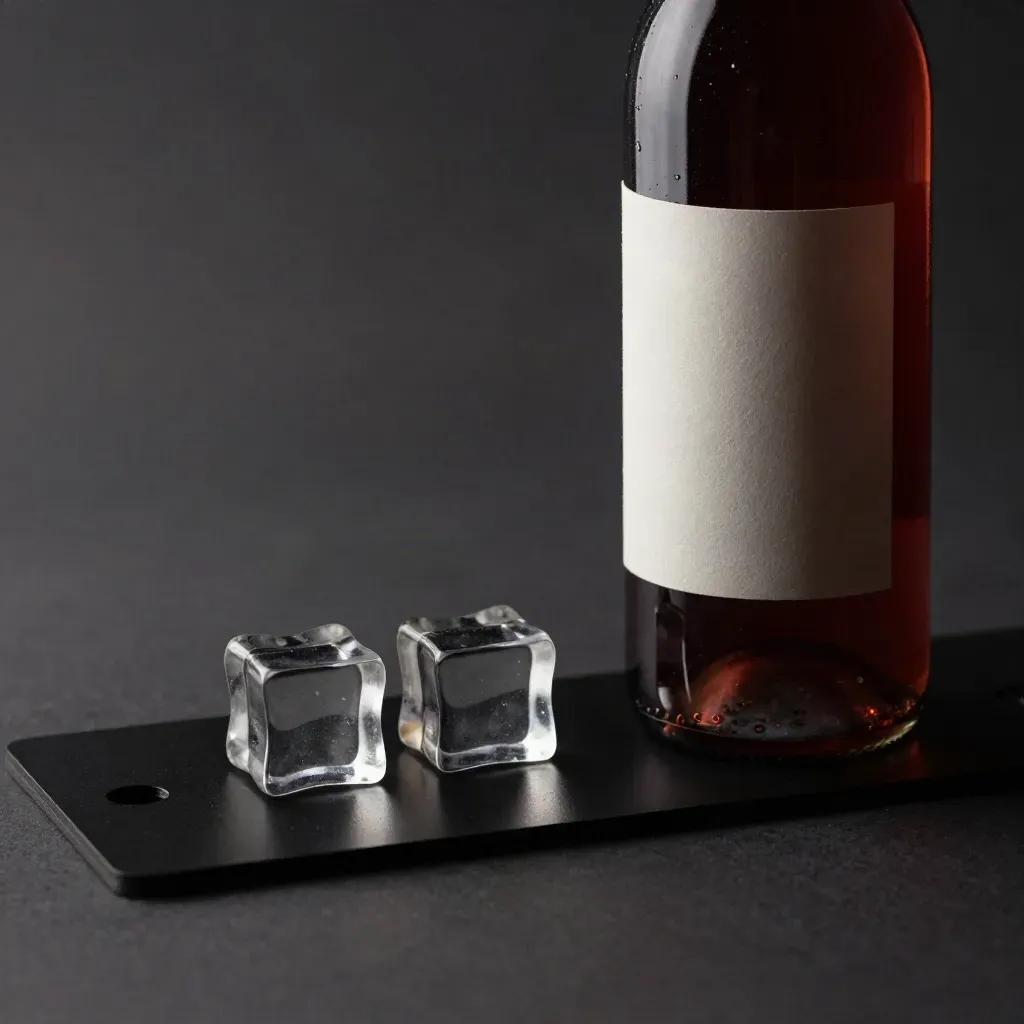 Unlabelled wine bottle with glass cubes and an alignment plate on a dark studio surface